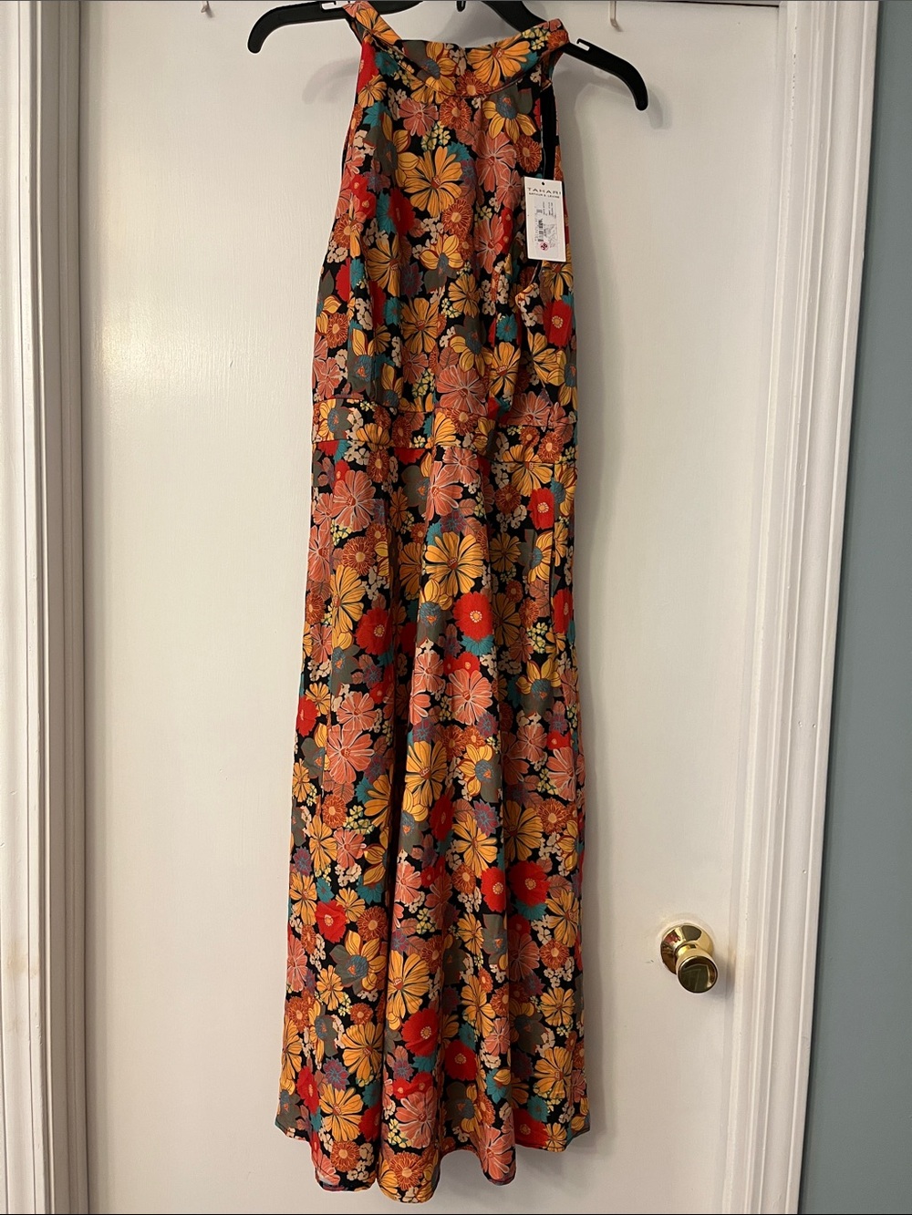 Tahari Halter Floral Maxi Dress in Orange, Red & Teal